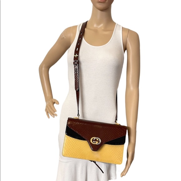 Gucci GG Interlocking Logo Python Medium 3 Compartments Brown/ Black/Beige Purse - Picture 4 of 16